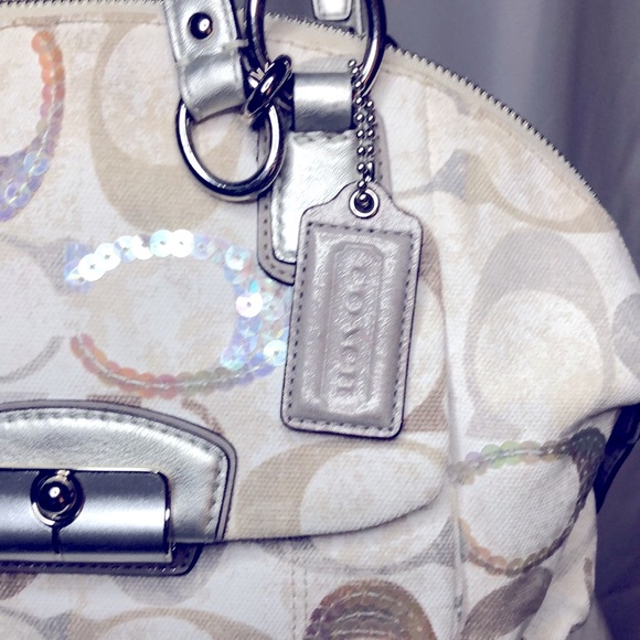 COACH sequin cream colored signature satchel handbag. - Picture 2 of 13